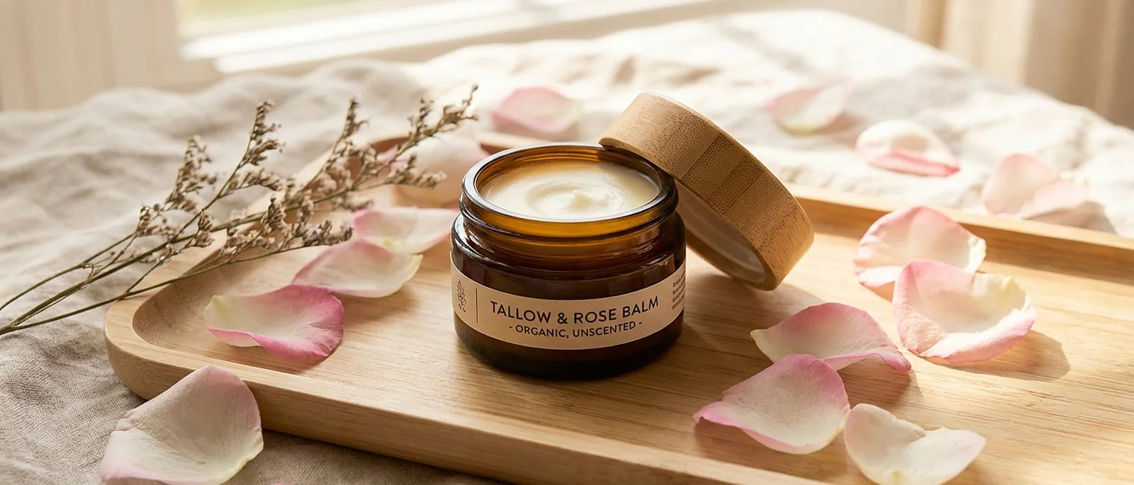Natural tallow-based moisturizer in an amber glass jar with rose petals, representing gentle skincare for rosacea-prone skin