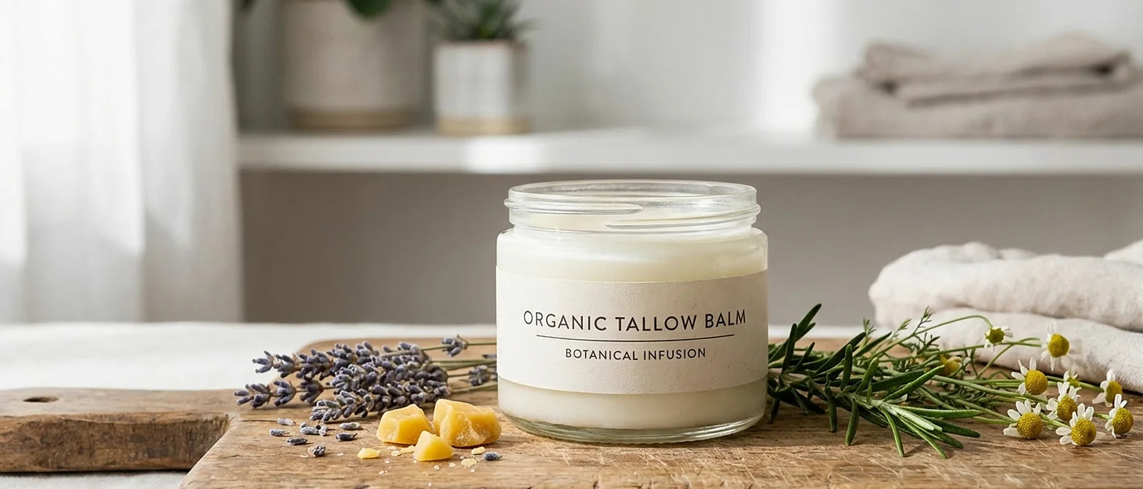 Natural tallow-based moisturizer in a glass jar with dried herbs and natural ingredients on rustic wooden surface