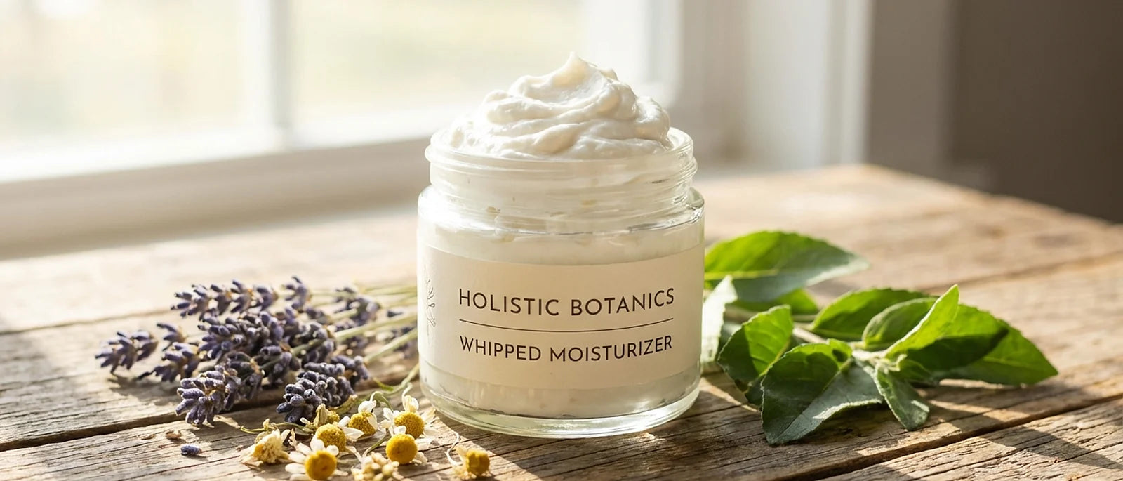 Fluffy whipped white tallow cream in an elegant glass jar with natural lighting