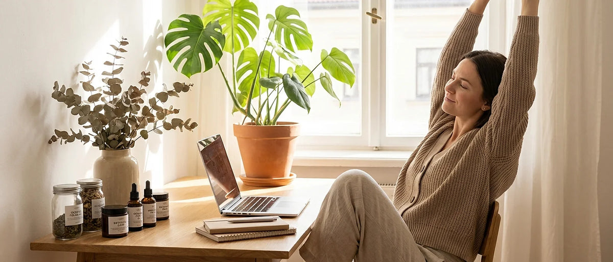 Person at home desk stretching arms above head in relief with laptop and houseplant nearby in natural window lighting