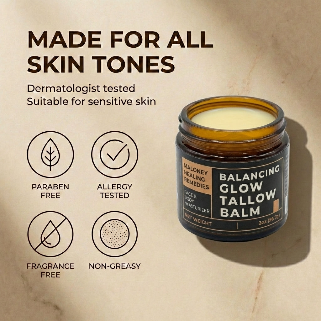 Balancing Glow Tallow Balm jar with product features on a beige background