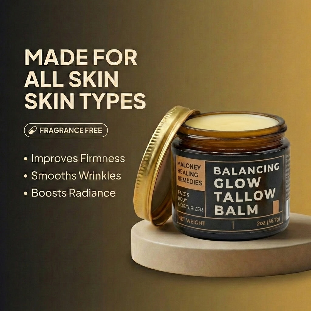 Balancing Glow Tallow Balm jar with text on a dark background