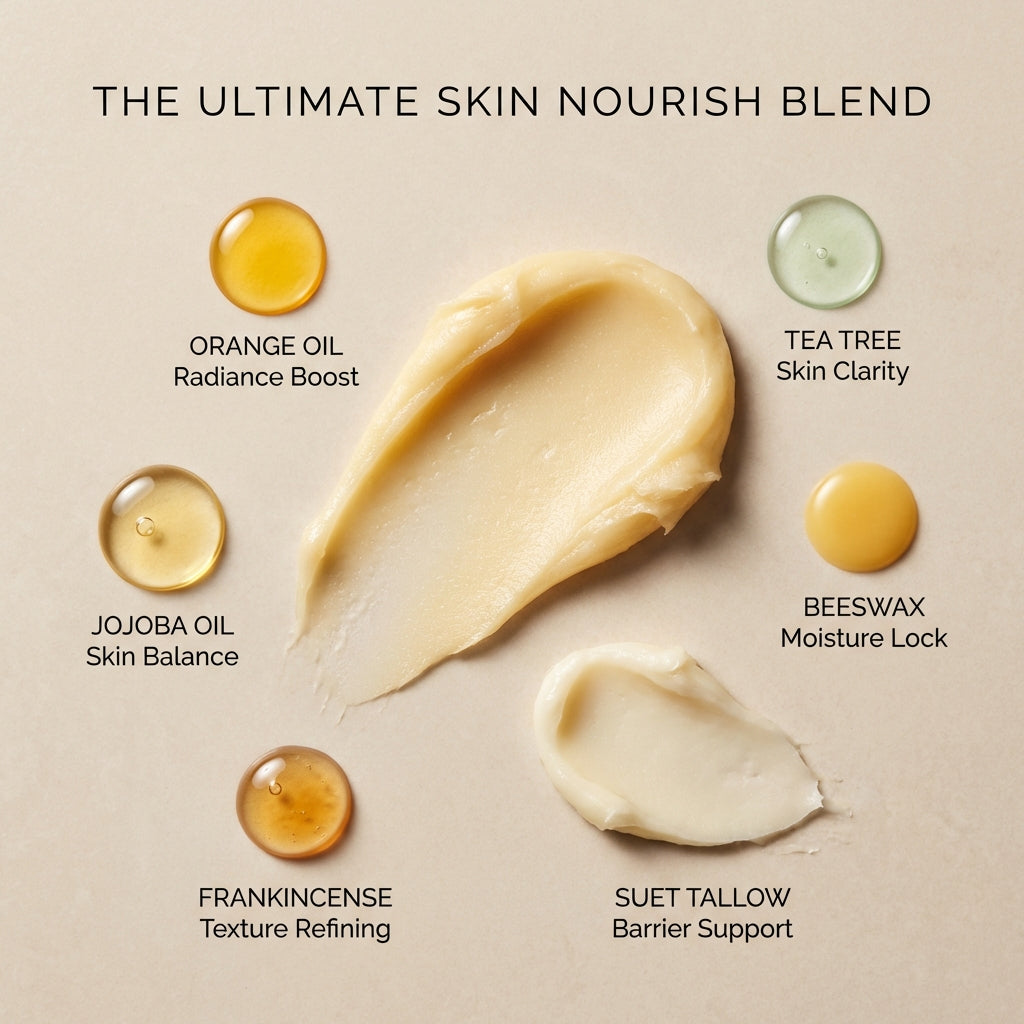 Skincare product blend with labeled ingredients on a beige background