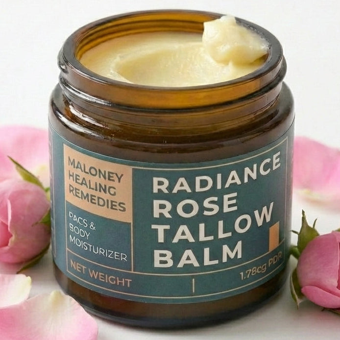 Jar of Radiance Rose Tallow Balm with pink roses and petals on a white background