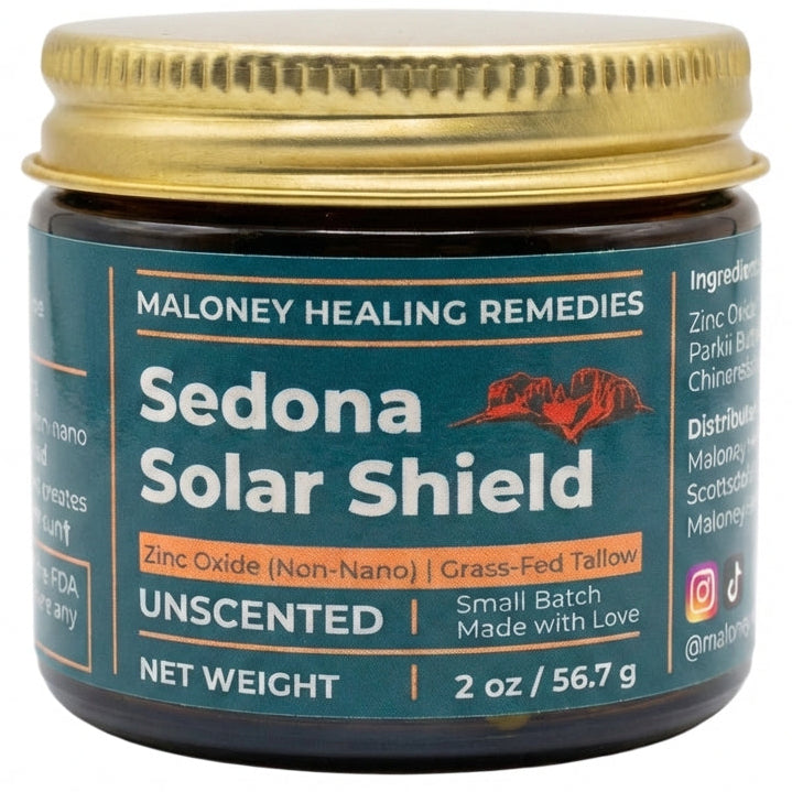 Jar of Sedona Solar Shield by Maloney Healing Remedies on a white background