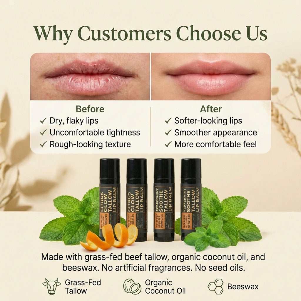 Beef Tallow Lip Balm - Organic Lip Care with Beeswax & Essential Oils
