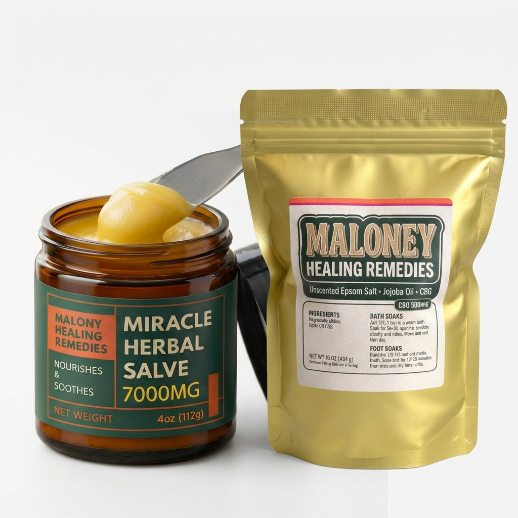 Jar of Maloney Healing Remedies Miracle Herbal Salve 7000MG with a package on a white background