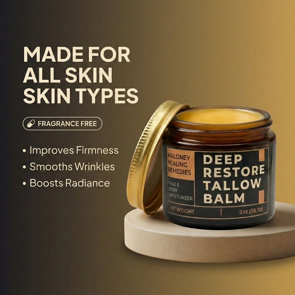 Jar of deep restore tallow balm with text on a dark background