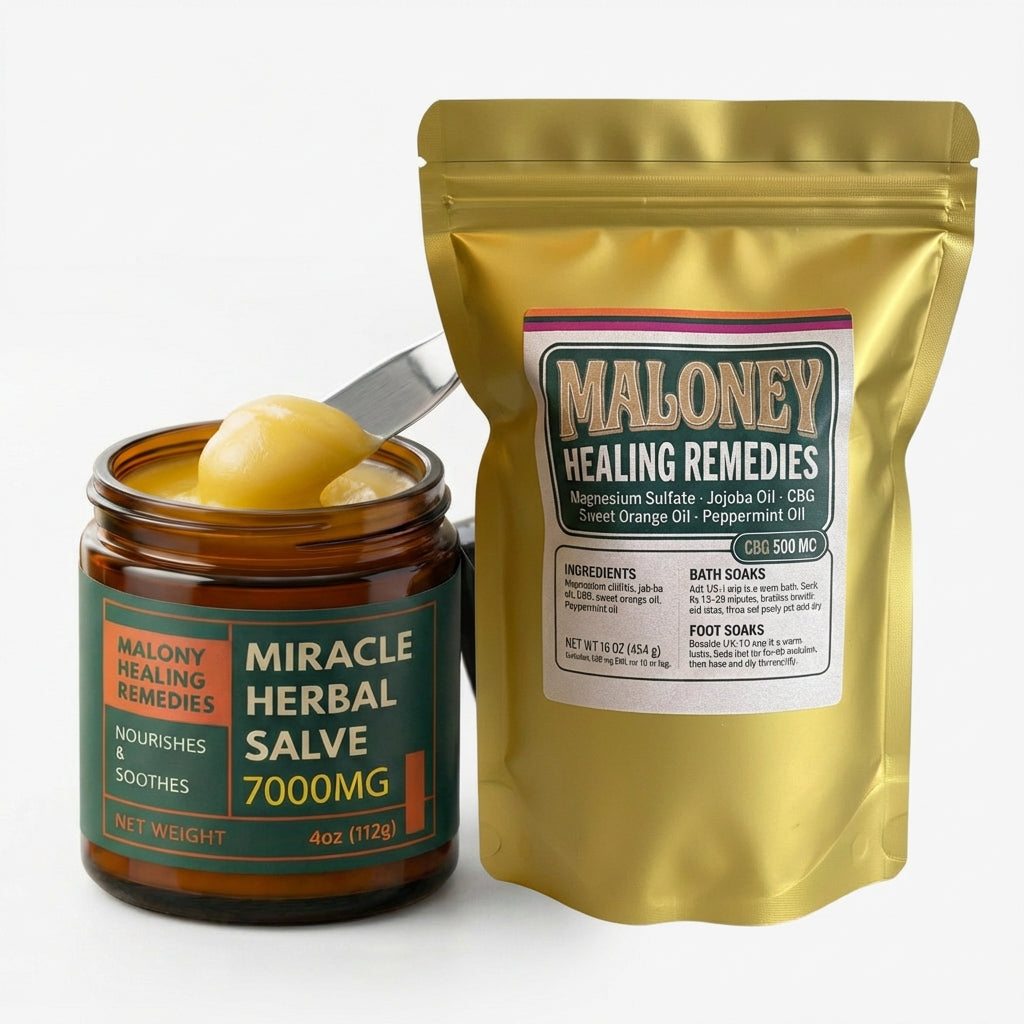 Maloney Healing Remedies Miracle Herbal Salve and packaging on a white background