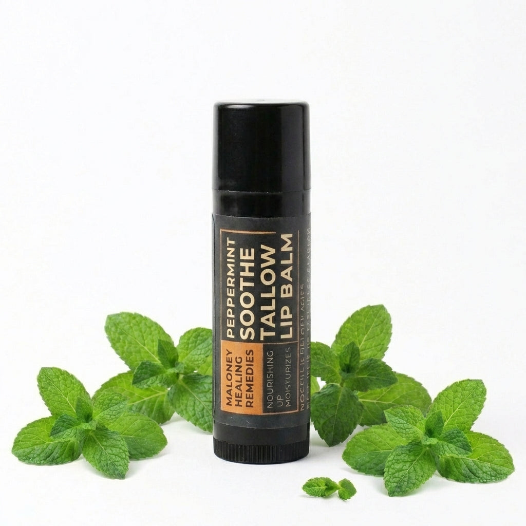 Lip balm with peppermint leaves on a white background