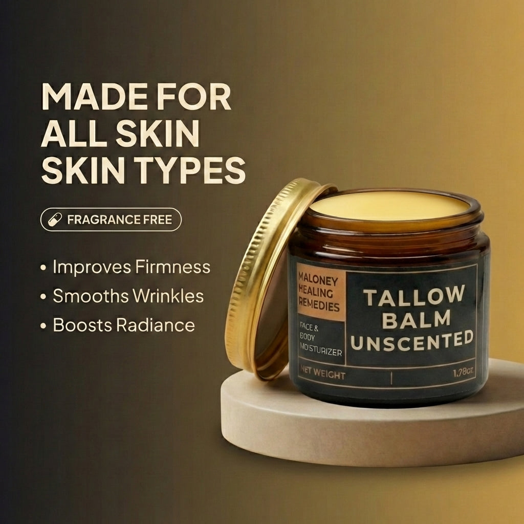 Tallow balm jar with text highlighting benefits on a dark background