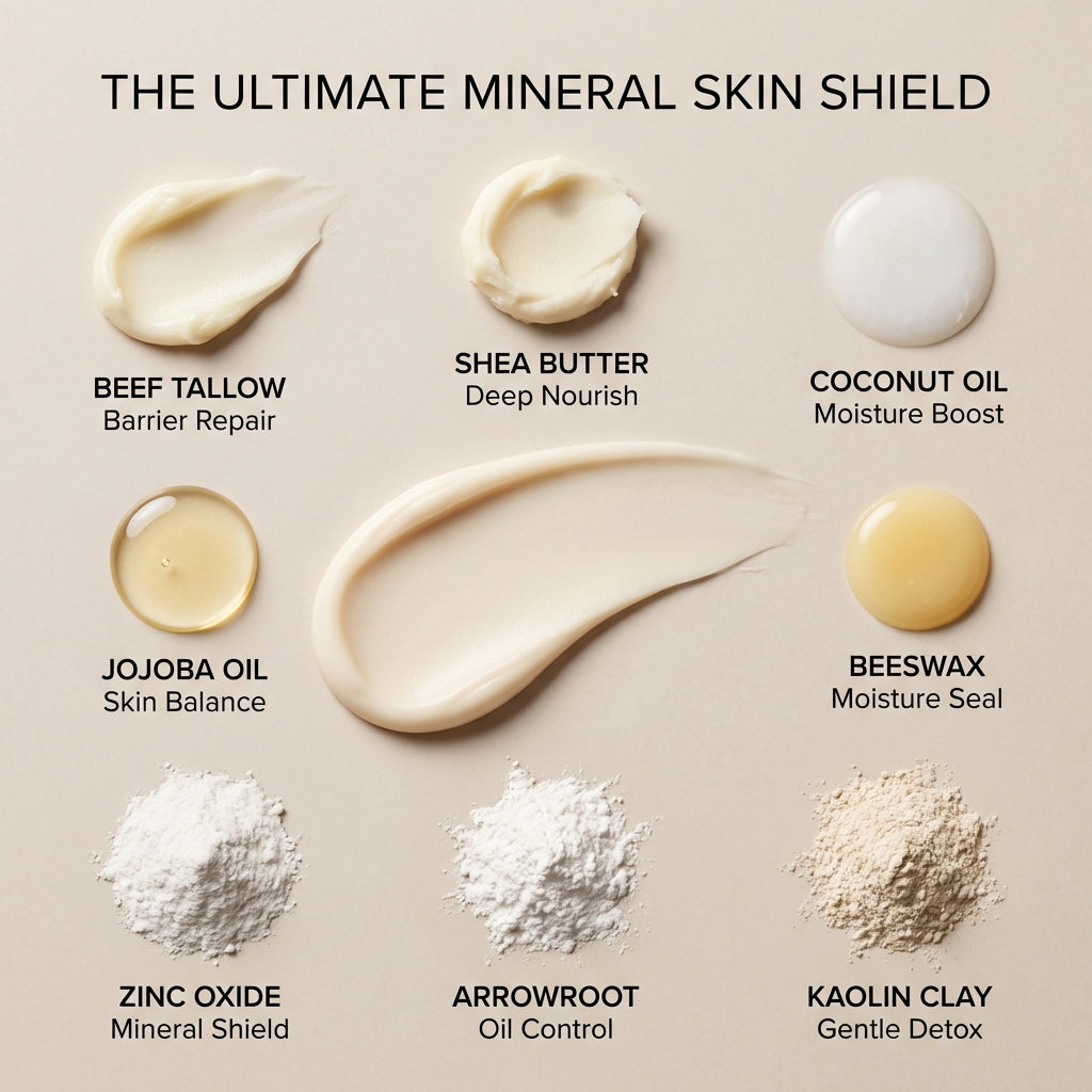 Various natural ingredients for skincare with labels on a beige background