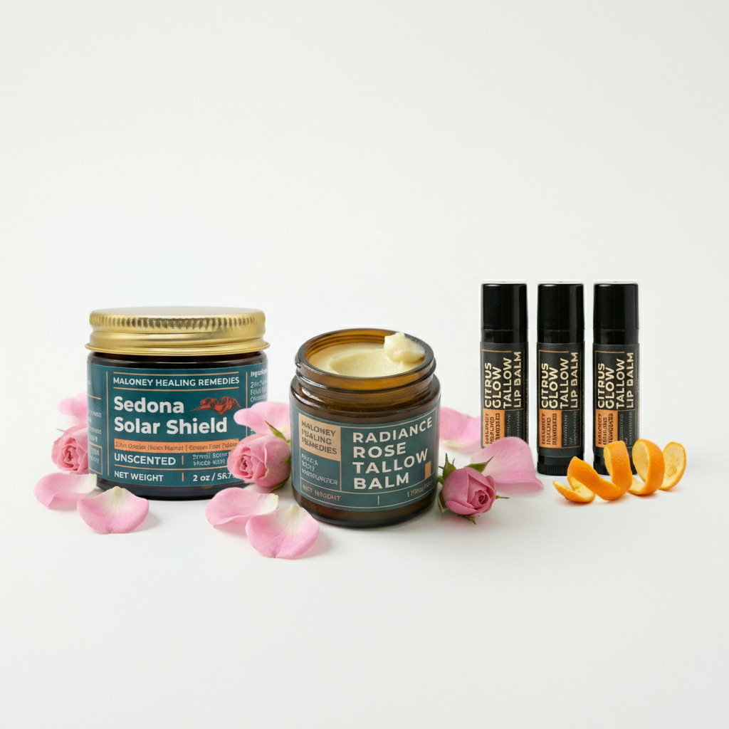 Radiance & Sun Defense Bundle | Rose Tallow Balm, Mineral Sun Balm & Lip Balm 4-Pack