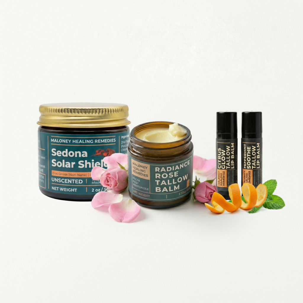 Radiance & Sun Defense Bundle | Rose Tallow Balm, Mineral Sun Balm & Lip Balm 4-Pack