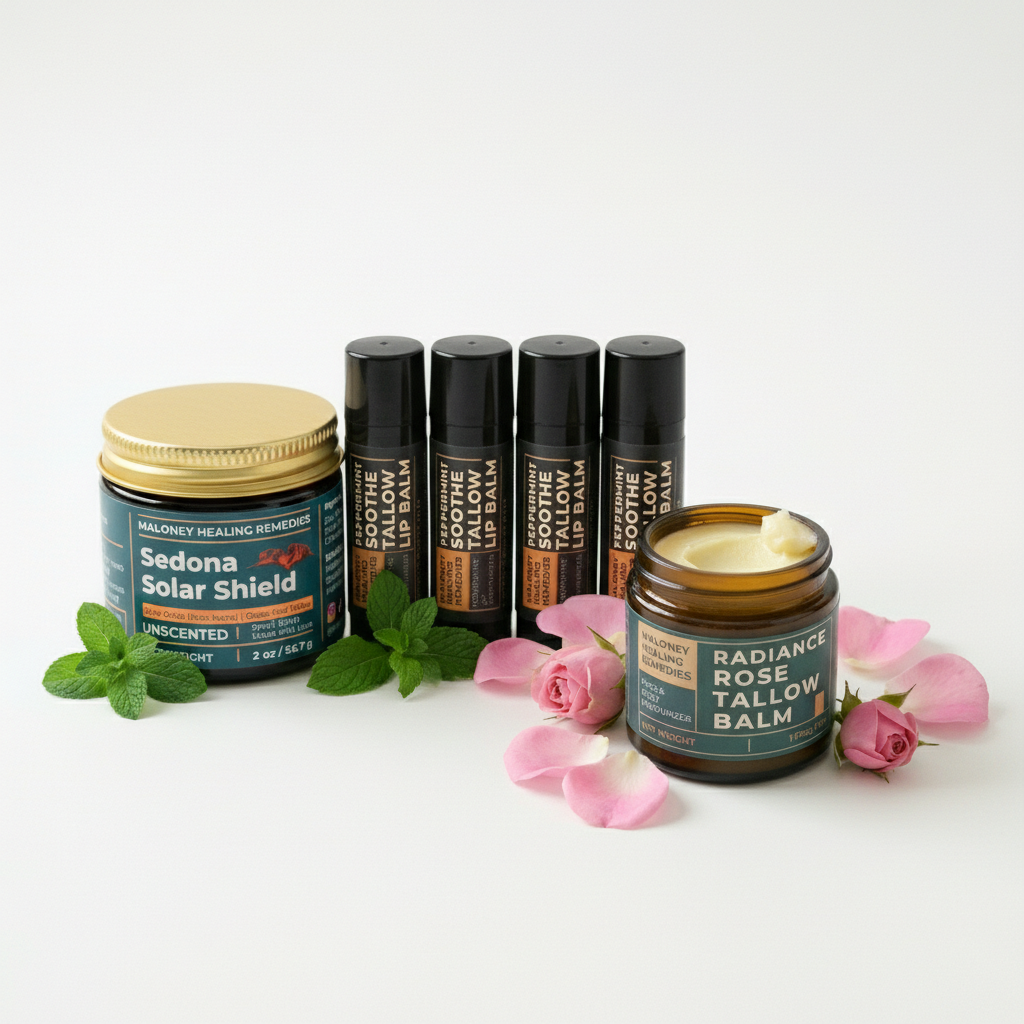 Radiance & Sun Defense Bundle | Rose Tallow Balm, Mineral Sun Balm & Lip Balm 4-Pack